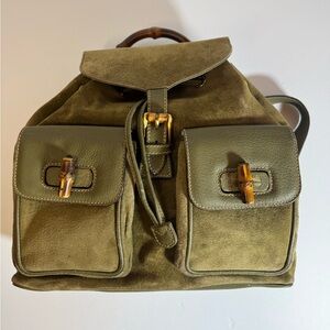 Olive Green Suede Gucci Bamboo Backpack